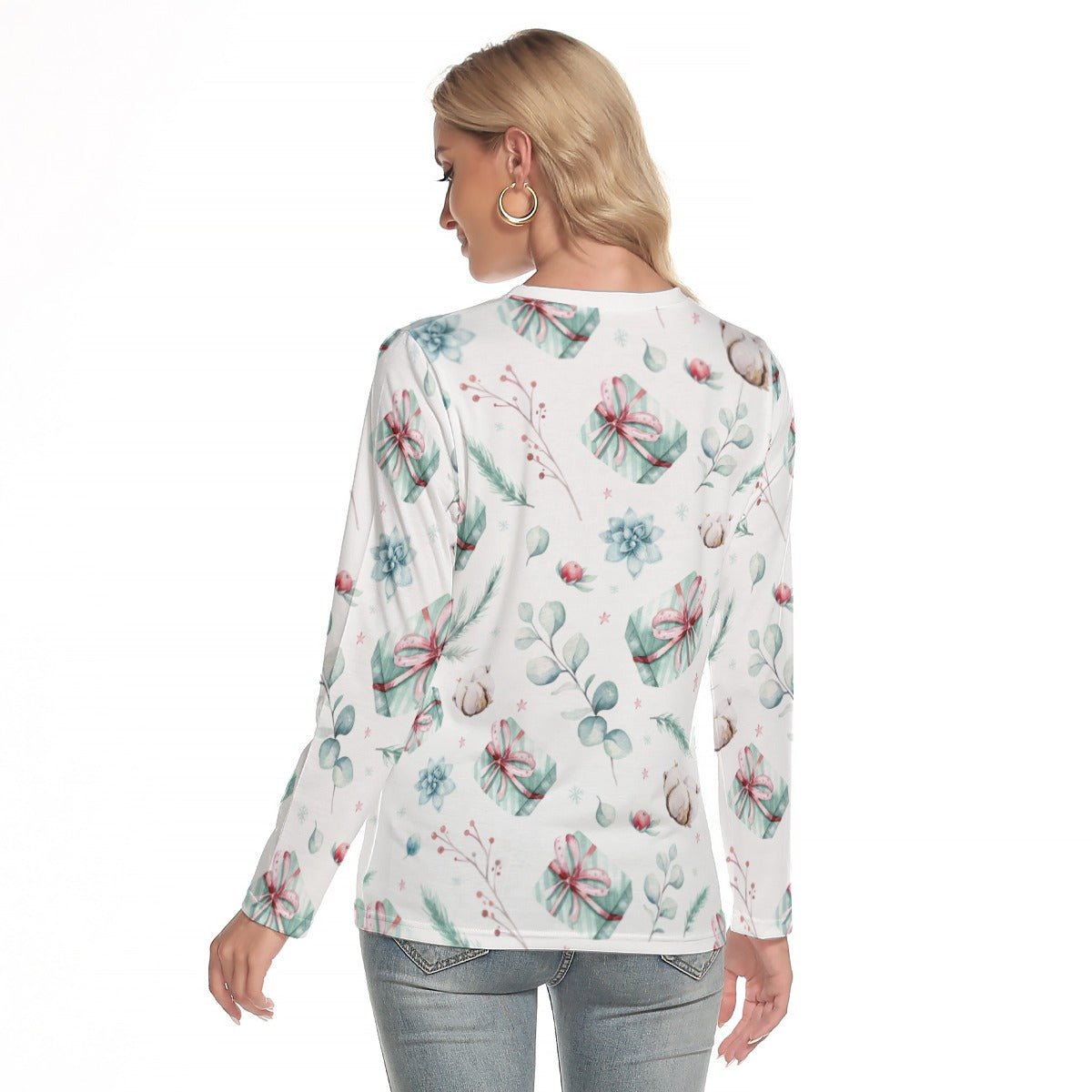Women's Long Sleeve Christmas T-shirt - Green Pattern - Festive Style