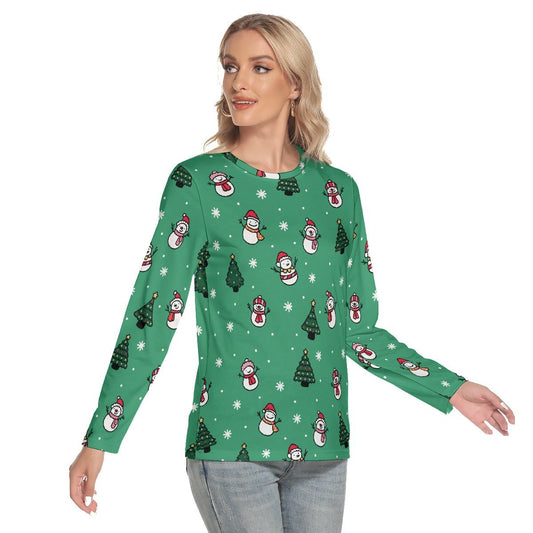 Women's Long Sleeve Christmas T-shirt- Green Snowman - Festive Style
