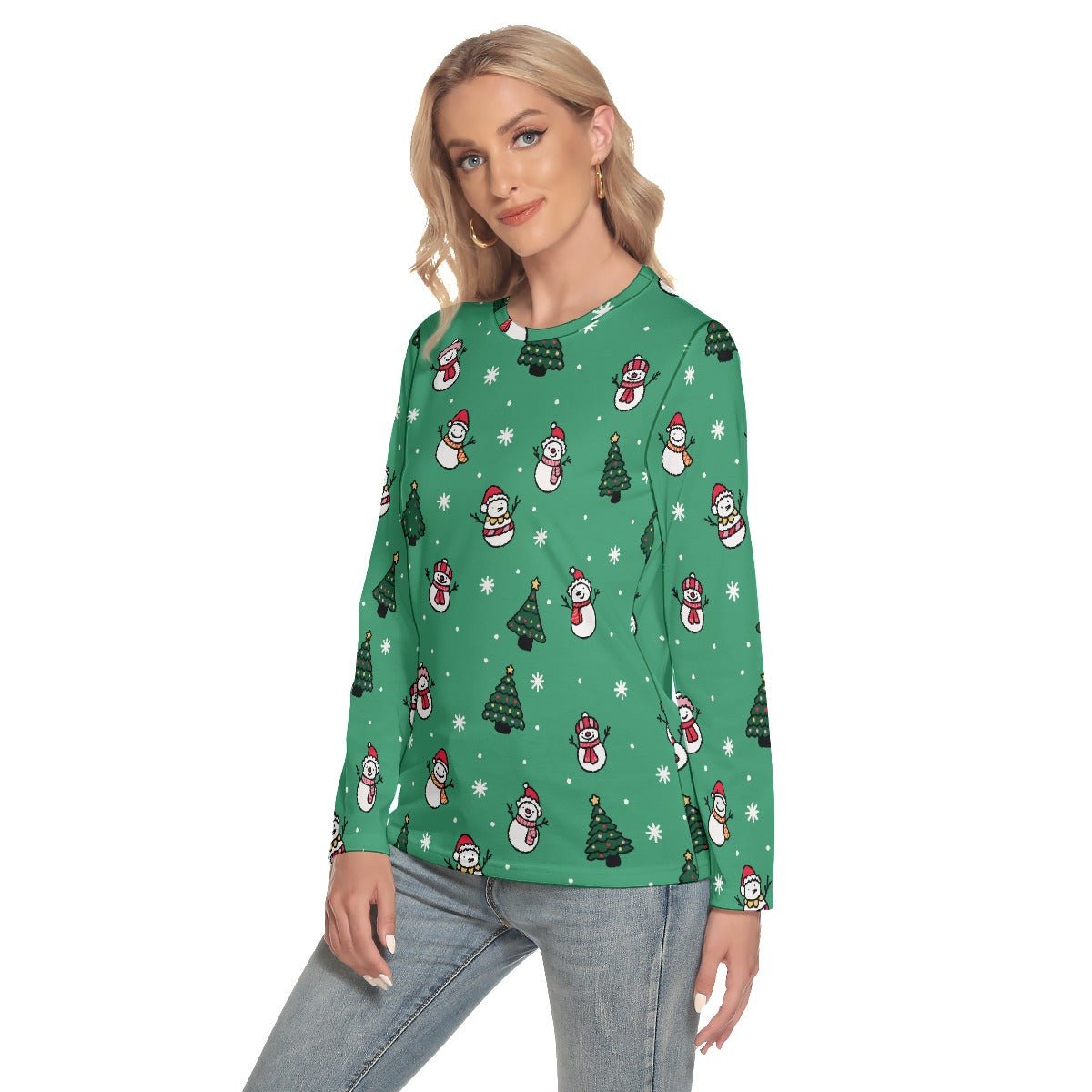 Women's Long Sleeve Christmas T-shirt- Green Snowman - Festive Style