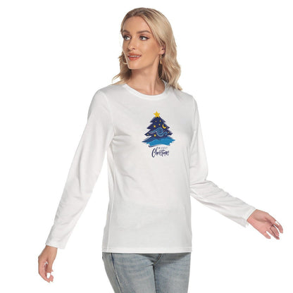 Women's Long Sleeve Christmas T-shirt - Merry Christmas - Blue Tree - Festive Style