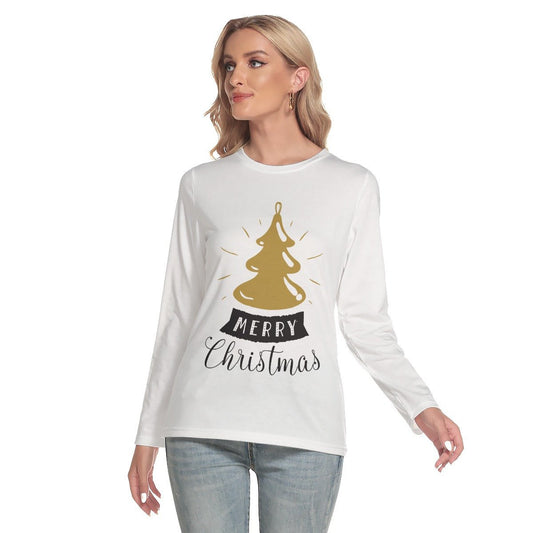 Women's Long Sleeve Christmas T-shirt - Merry Christmas - Gold Tree - Festive Style