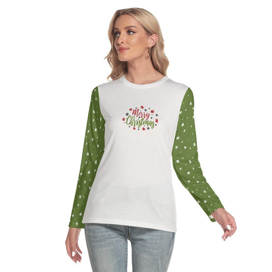 Women's Long Sleeve Christmas T-shirt - Merry Christmas - Green Sleeves - Festive Style