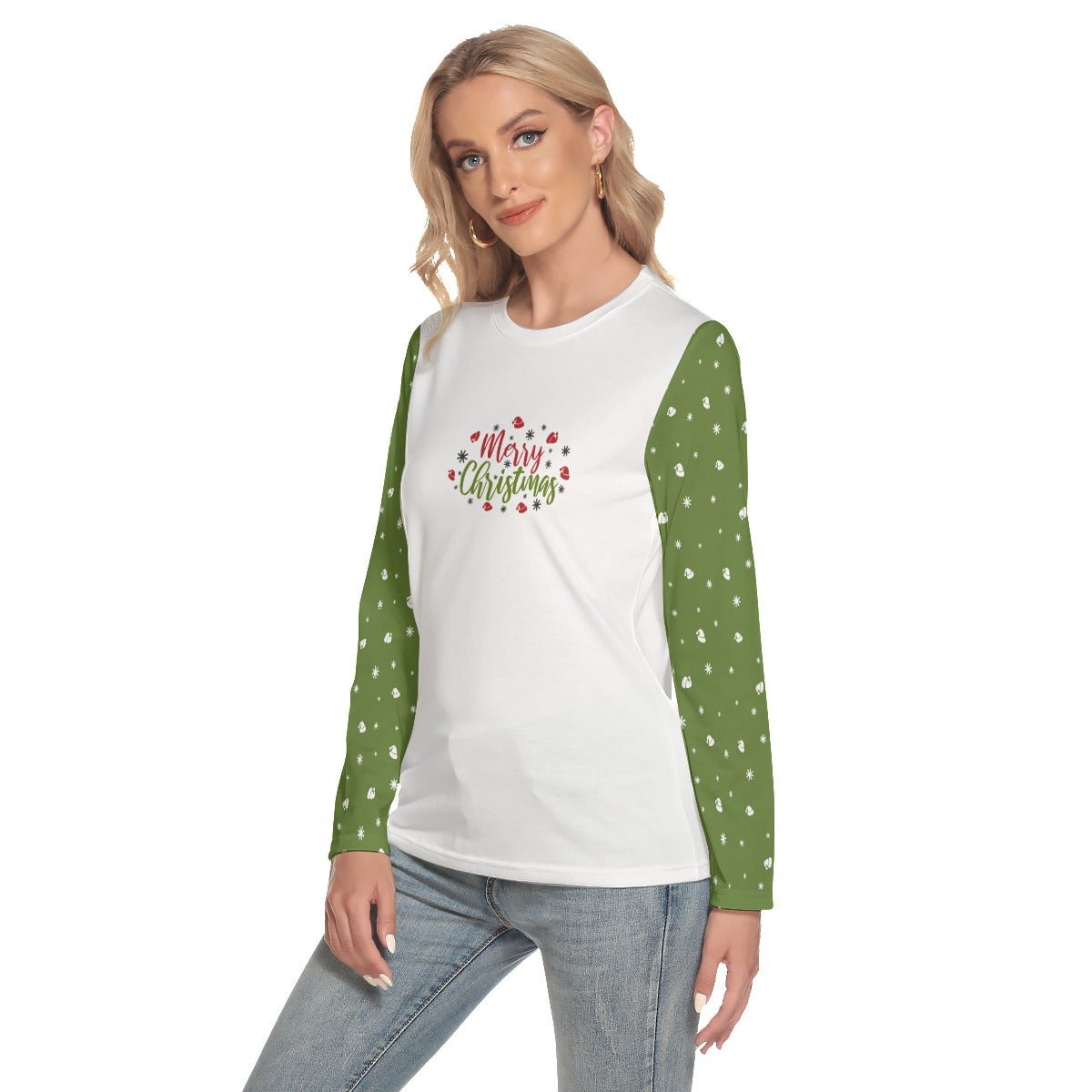 Women's Long Sleeve Christmas T-shirt - Merry Christmas - Green Sleeves - Festive Style