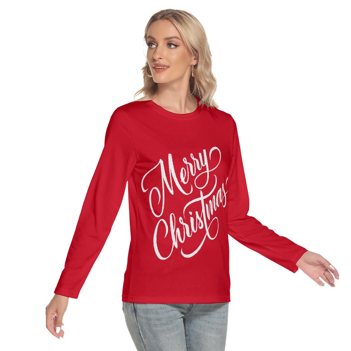 Women's Long Sleeve Christmas T-shirt - Merry Christmas - Red - Festive Style