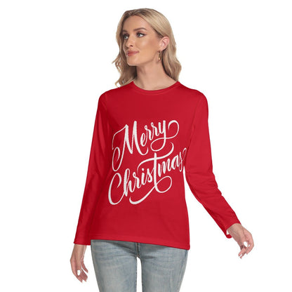 Women's Long Sleeve Christmas T-shirt - Merry Christmas - Red - Festive Style
