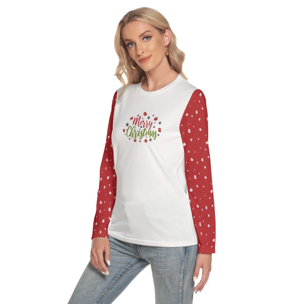 Women's Long Sleeve Christmas T-shirt - Merry Christmas - Red Sleeves - Festive Style