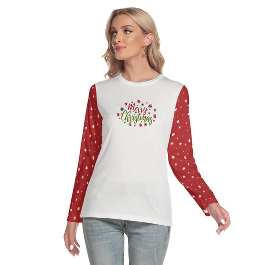 Women's Long Sleeve Christmas T-shirt - Merry Christmas - Red Sleeves - Festive Style