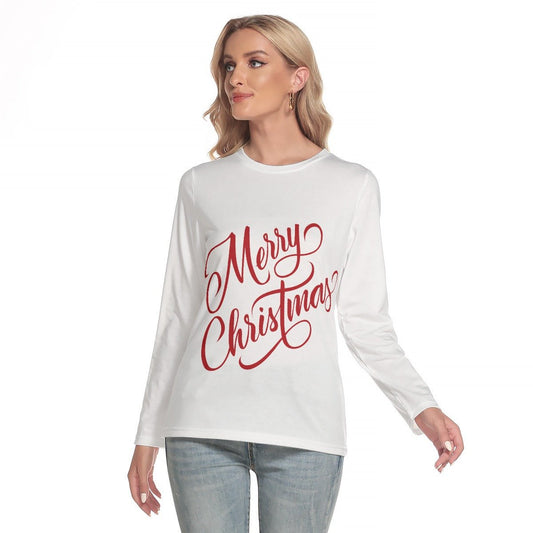 Women's Long Sleeve Christmas T-shirt - Merry Christmas - White - Festive Style