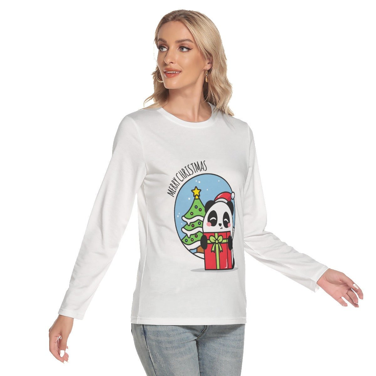Women's Long Sleeve Christmas T-shirt - Merry Panda - Festive Style