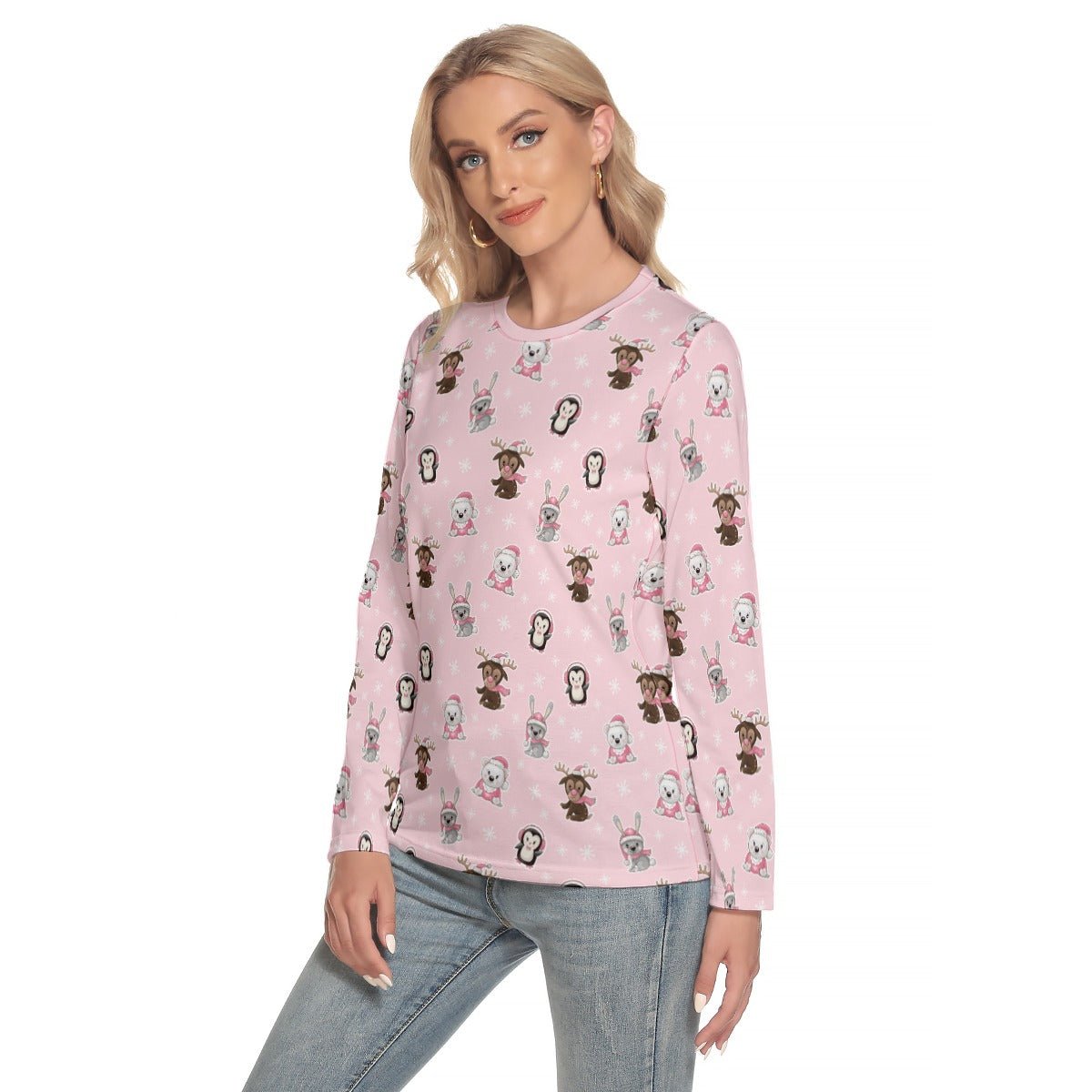 Women's Long Sleeve Christmas T-shirt - Polar Pink - Festive Style