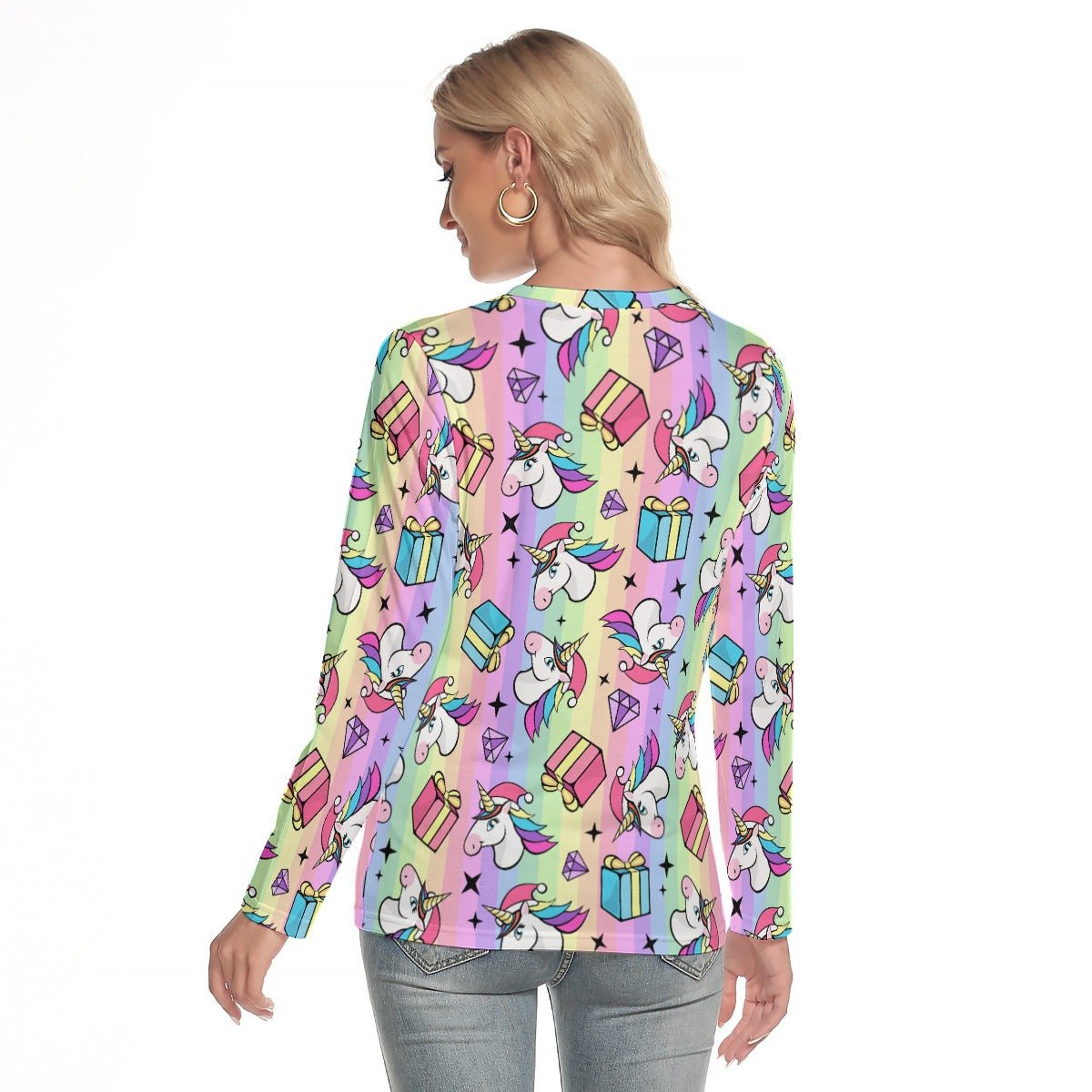 Women's Long Sleeve Christmas T-shirt - Rainbow Unicorns - Festive Style