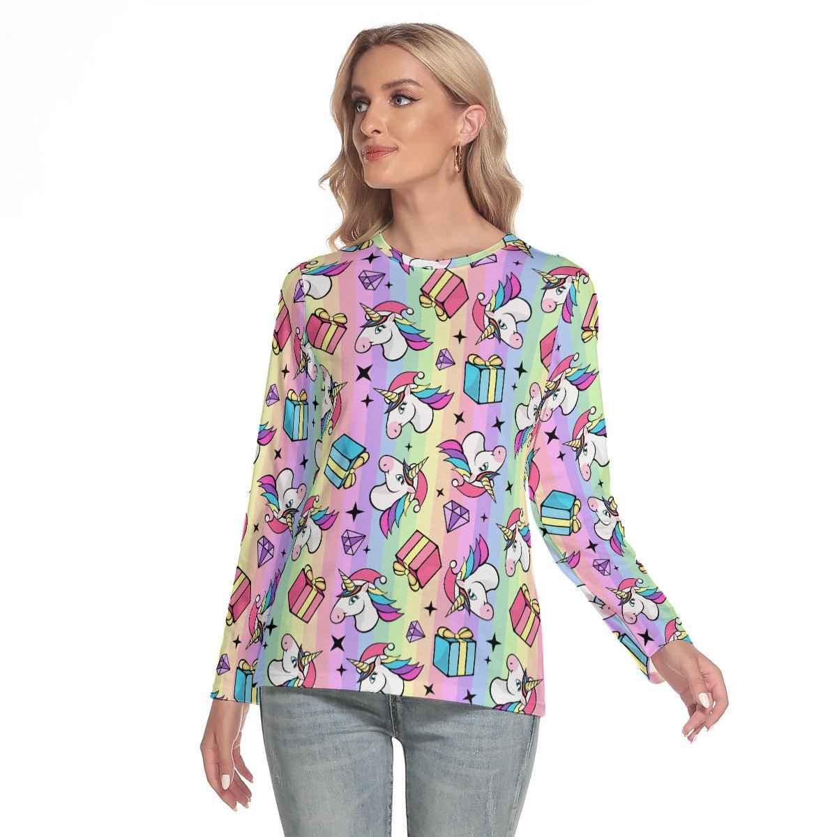 Women's Long Sleeve Christmas T-shirt - Rainbow Unicorns - Festive Style