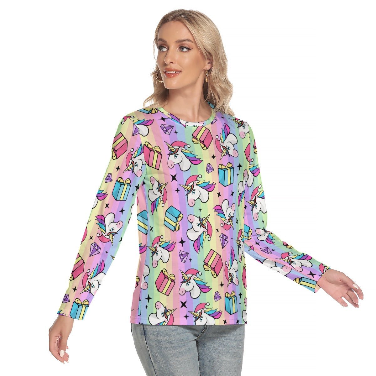 Women's Long Sleeve Christmas T-shirt - Rainbow Unicorns - Festive Style