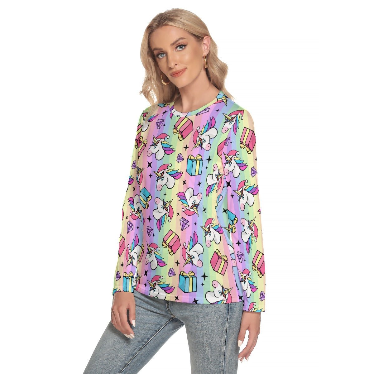 Women's Long Sleeve Christmas T-shirt - Rainbow Unicorns - Festive Style