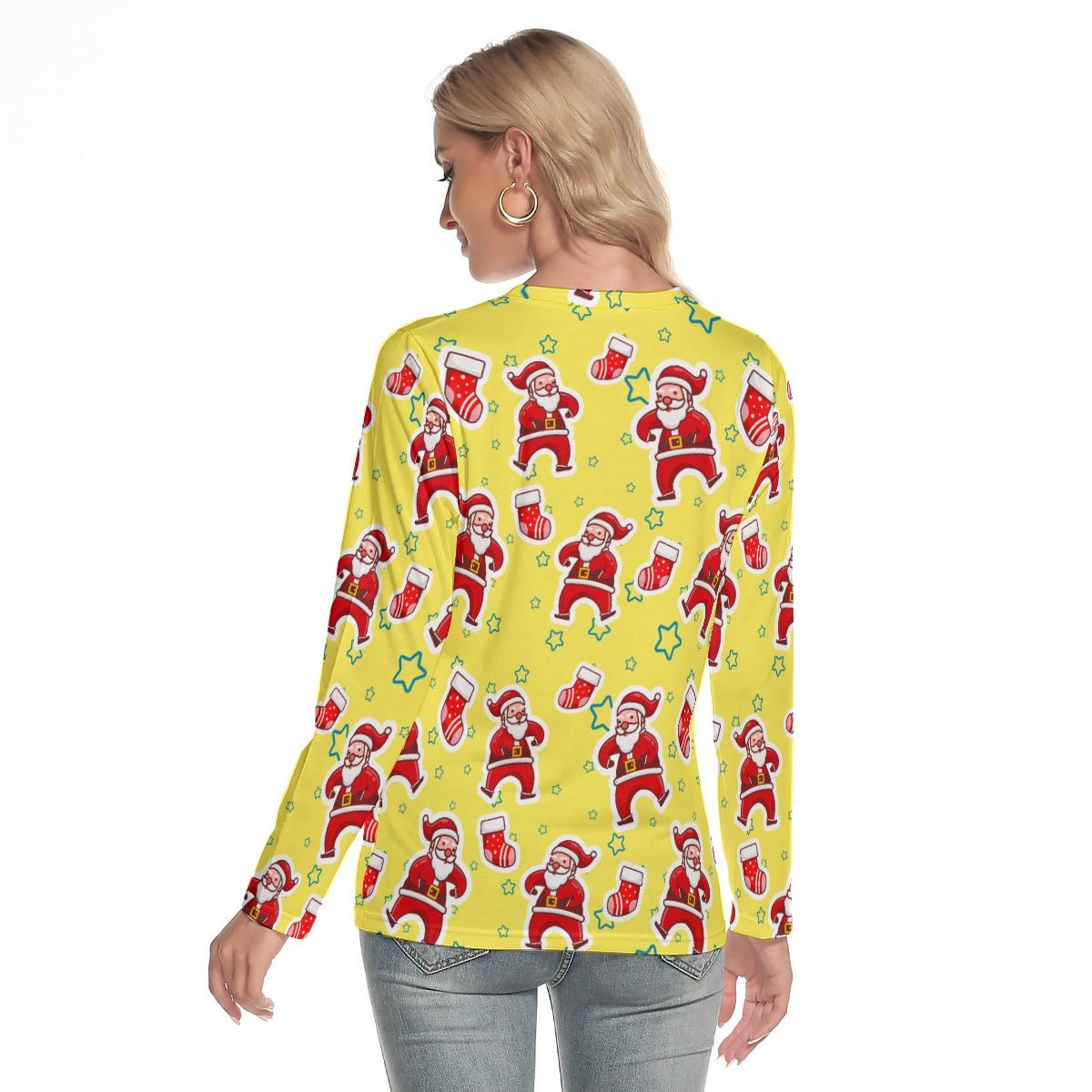 Women's Long Sleeve Christmas T-shirt - Santa and Stars - Festive Style