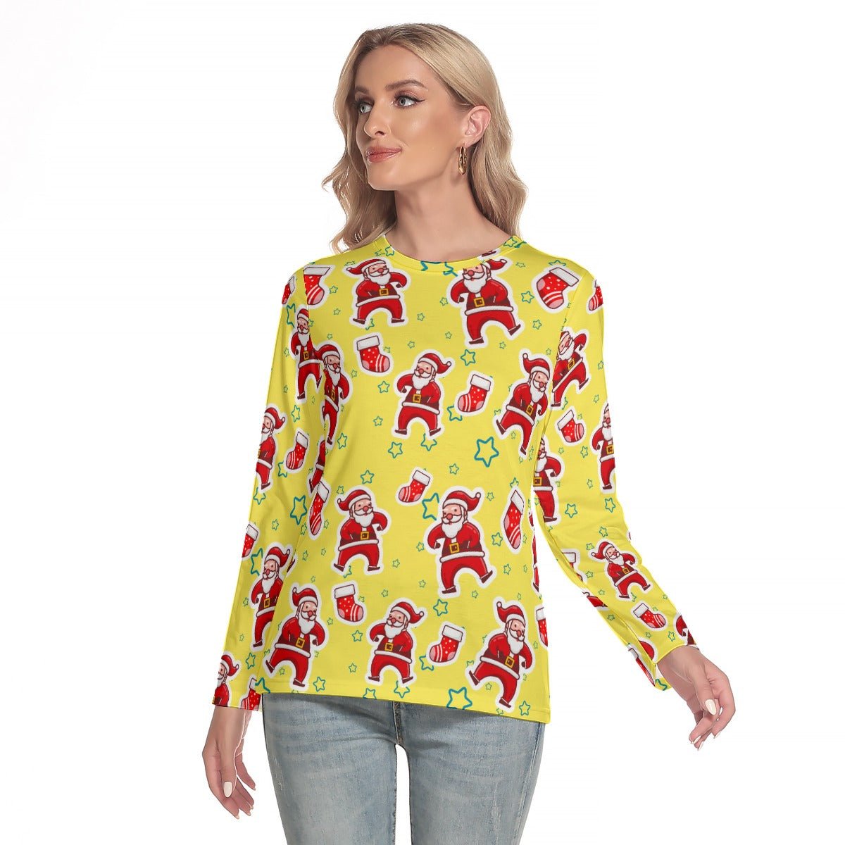 Women's Long Sleeve Christmas T-shirt - Santa and Stars - Festive Style