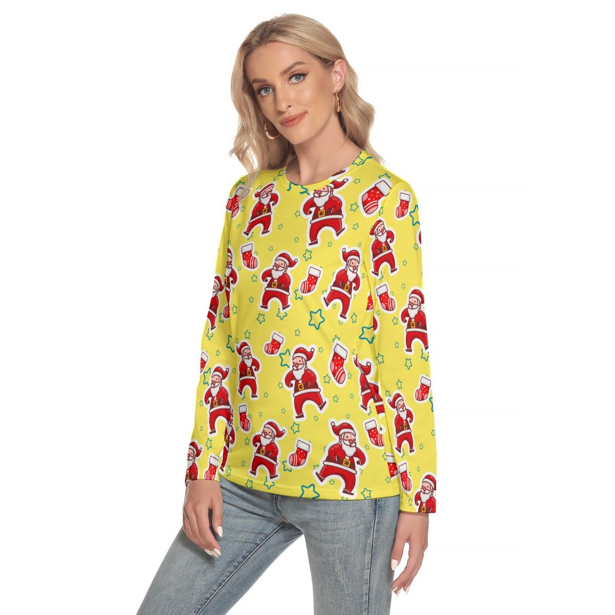 Women's Long Sleeve Christmas T-shirt - Santa and Stars - Festive Style