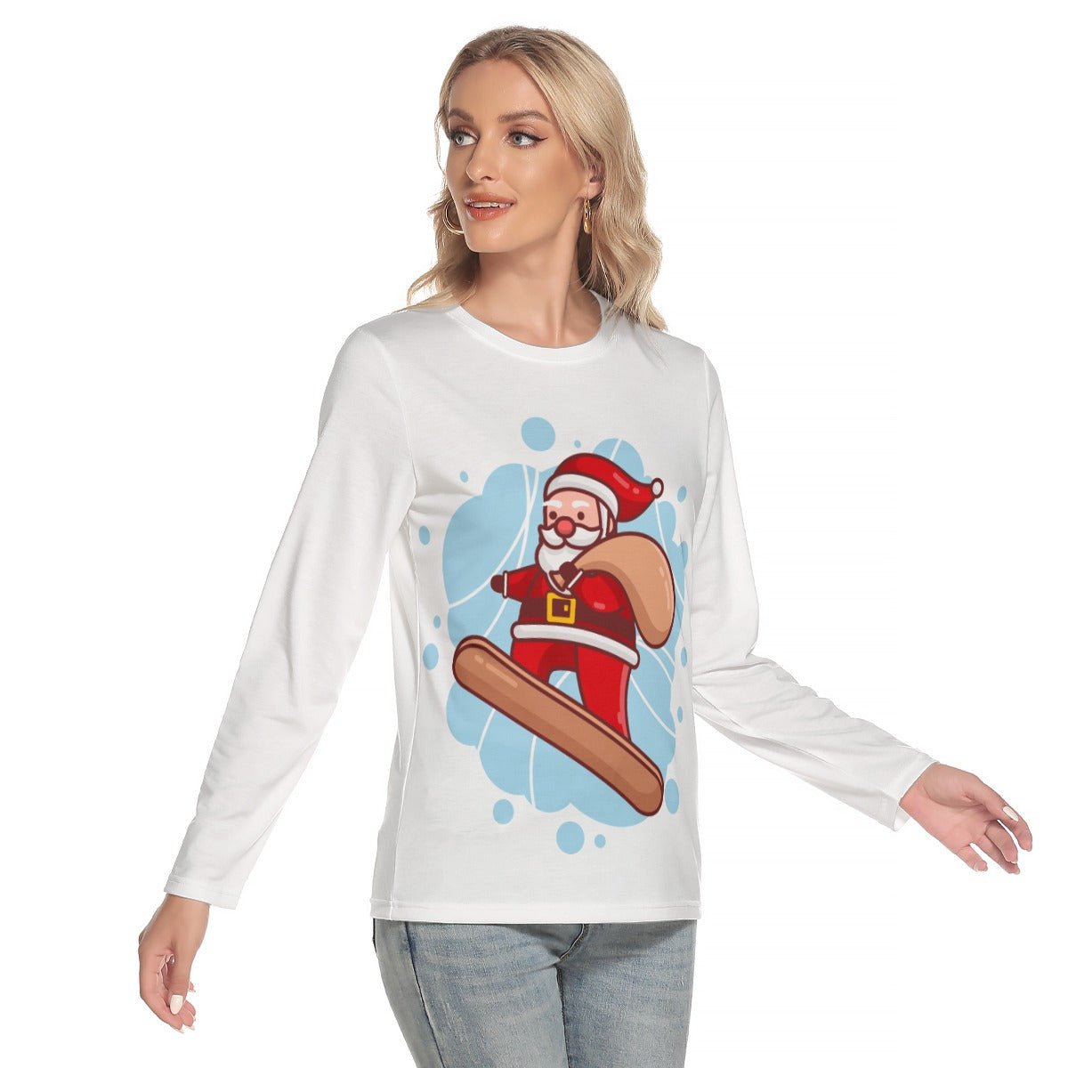Women's Long Sleeve Christmas T-shirt - Santa Snowboarder - Festive Style