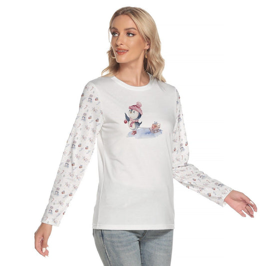 Women's Long Sleeve Christmas T-shirt - Skating Penguin - Festive Style