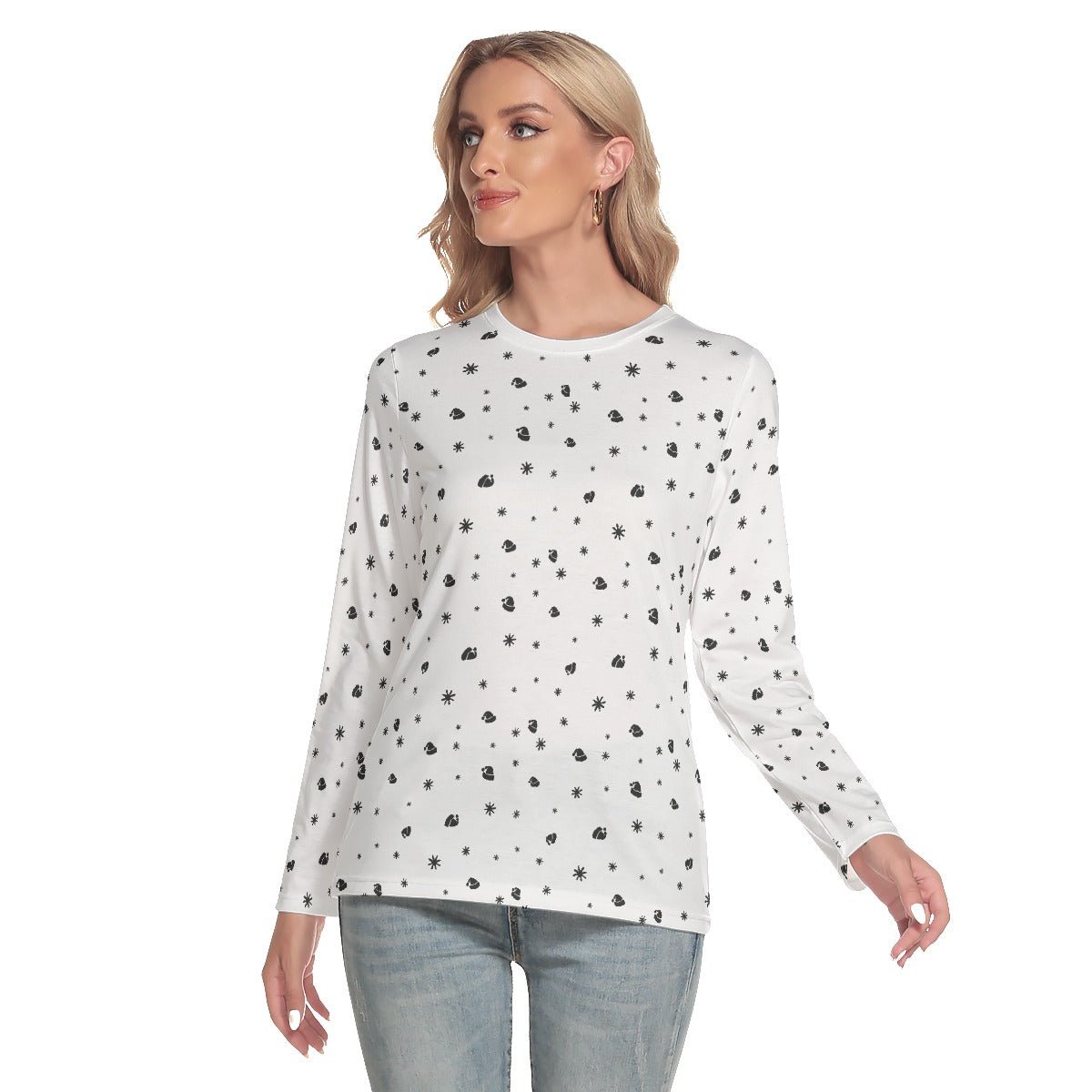 Women's Long Sleeve Christmas T-shirt - Snowflakes and Hats - Festive Style