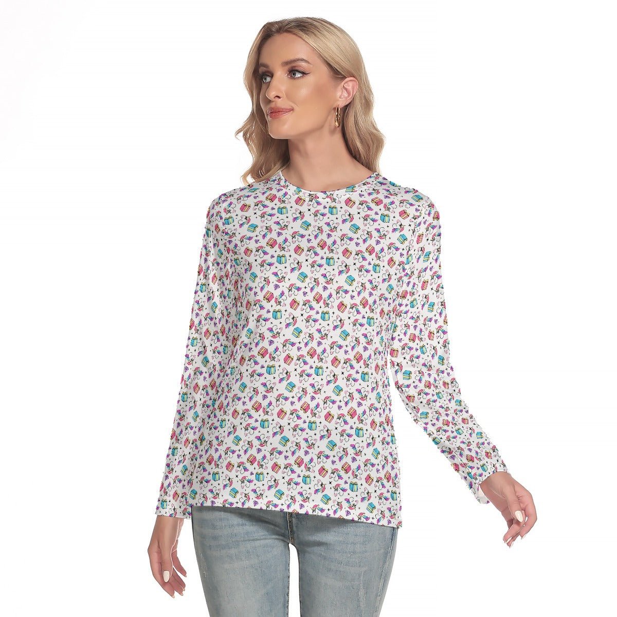 Women's Long Sleeve Christmas T-shirt - Unicorn Pattern - Festive Style