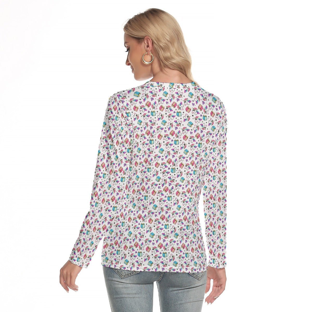 Women's Long Sleeve Christmas T-shirt - Unicorn Pattern - Festive Style