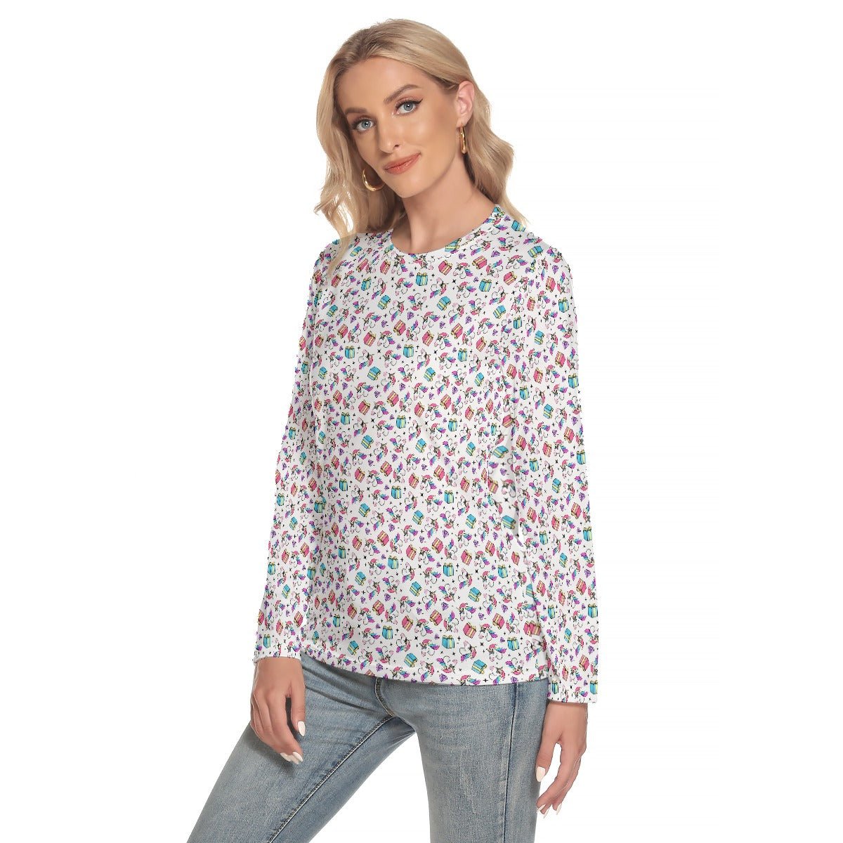 Women's Long Sleeve Christmas T-shirt - Unicorn Pattern - Festive Style