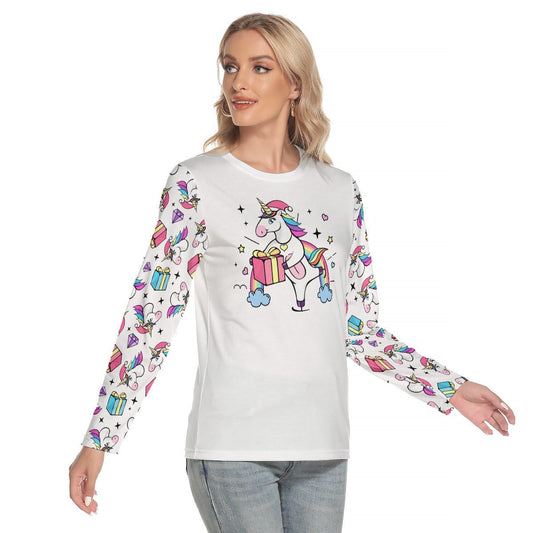 Women's Long Sleeve Christmas T-shirt - Unicorn with Present - Festive Style