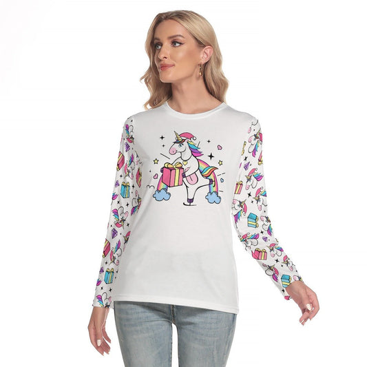 Women's Long Sleeve Christmas T-shirt - Unicorn with Present - Festive Style
