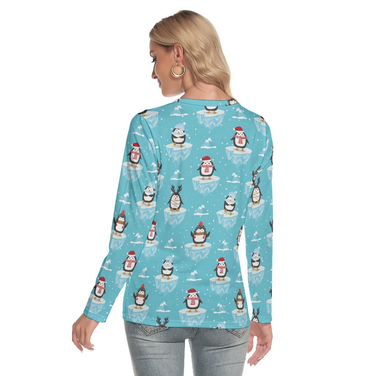 Women's Long Sleeve Christmas Tee - Icy Penguins - Festive Style