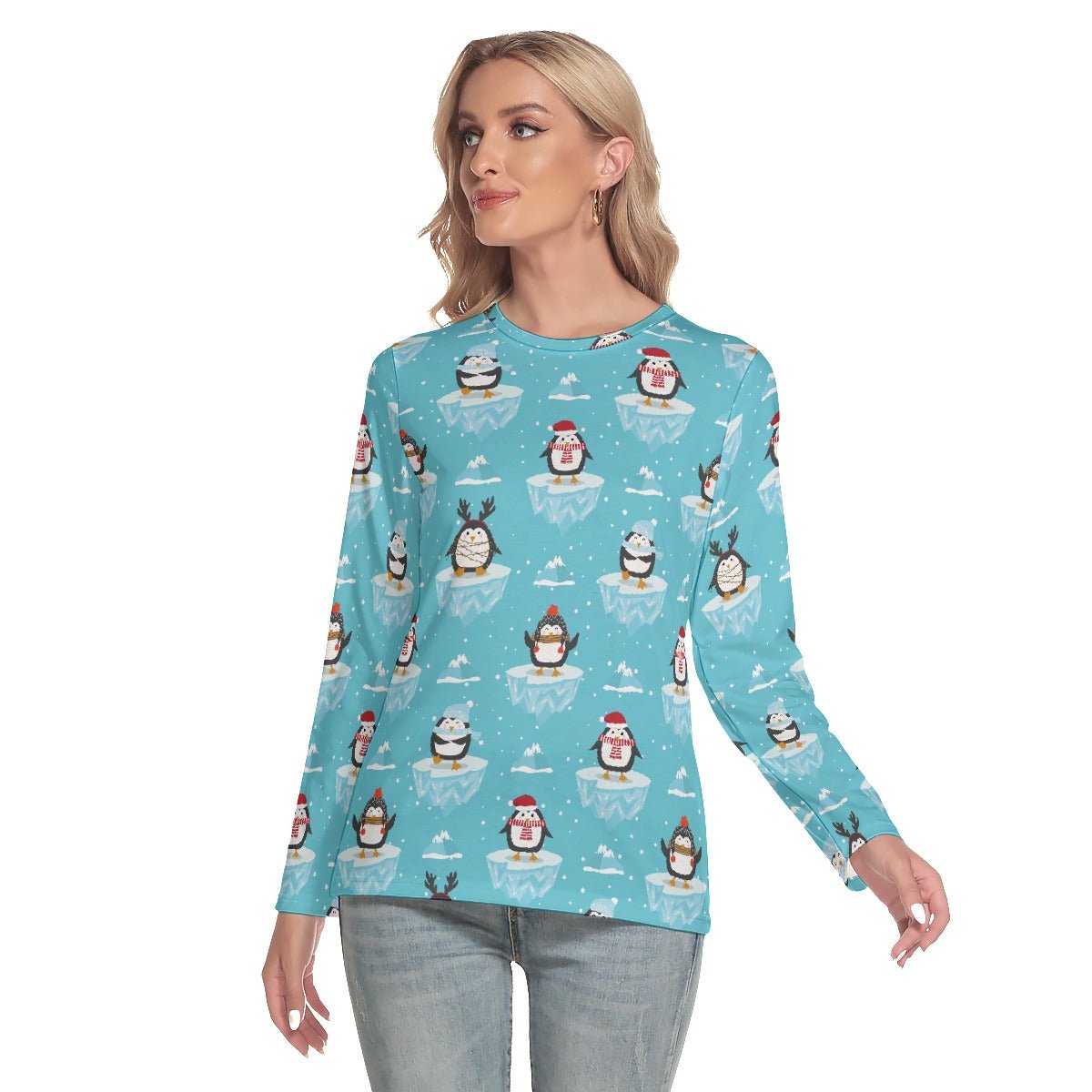 Women's Long Sleeve Christmas Tee - Icy Penguins - Festive Style