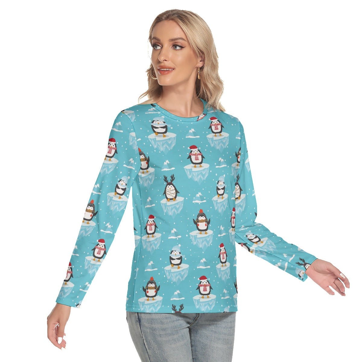 Women's Long Sleeve Christmas Tee - Icy Penguins - Festive Style