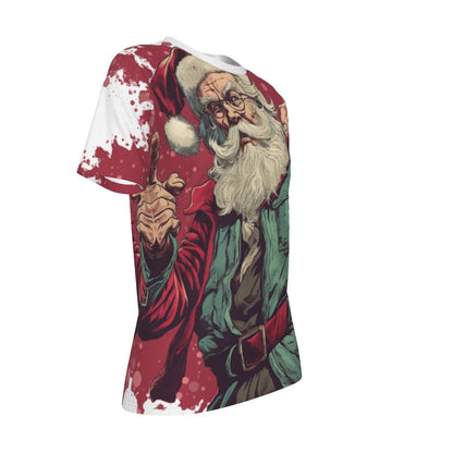 Women's Short Sleeve Christmas Tee - Cartoon Santa - Festive Style