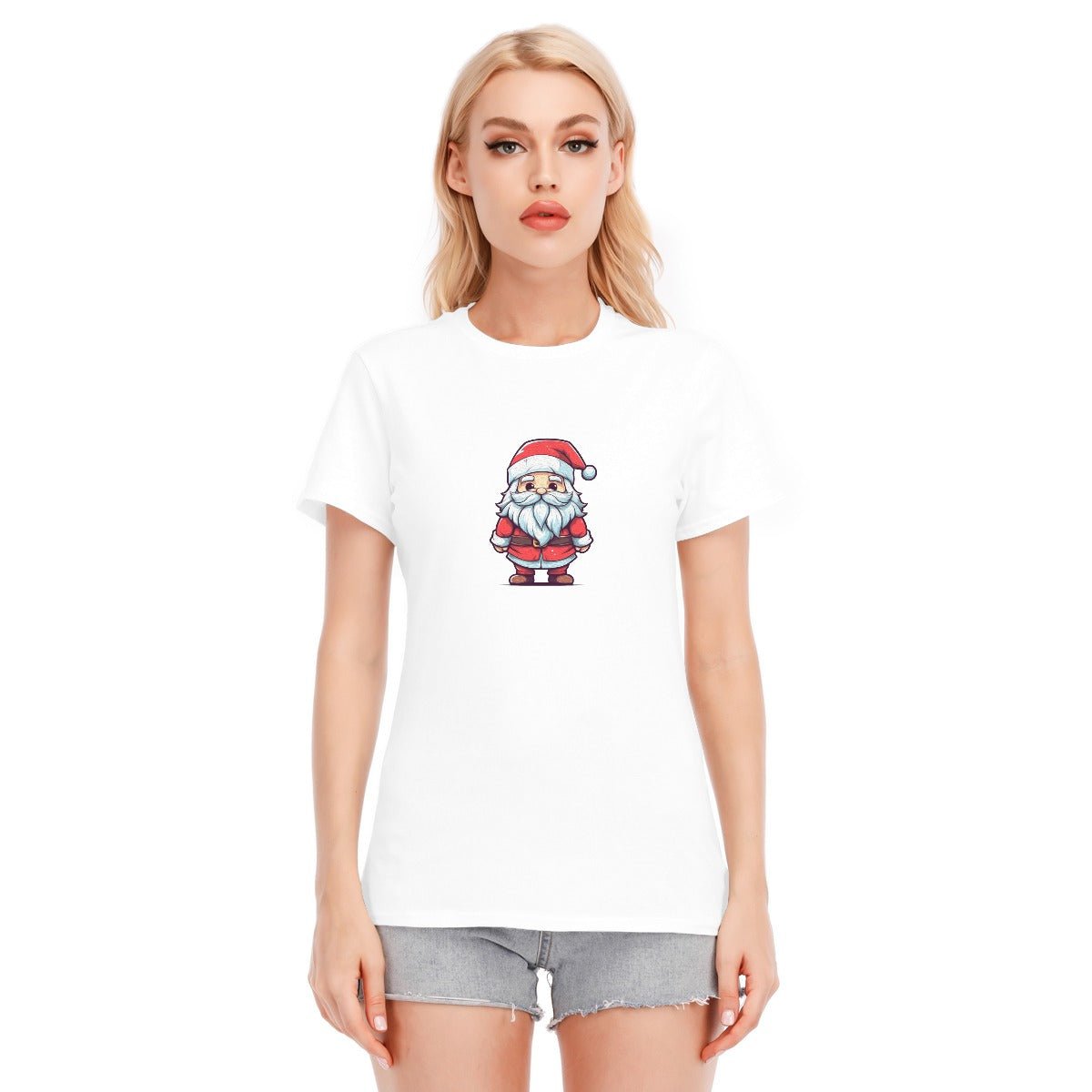 Women's Short Sleeve Christmas Tee - Front and Back - Painted Santa - Festive Style