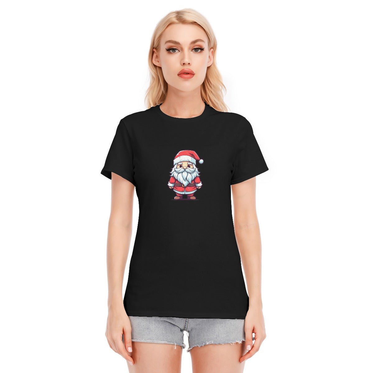 Women's Short Sleeve Christmas Tee - Front and Back - Painted Santa - Festive Style