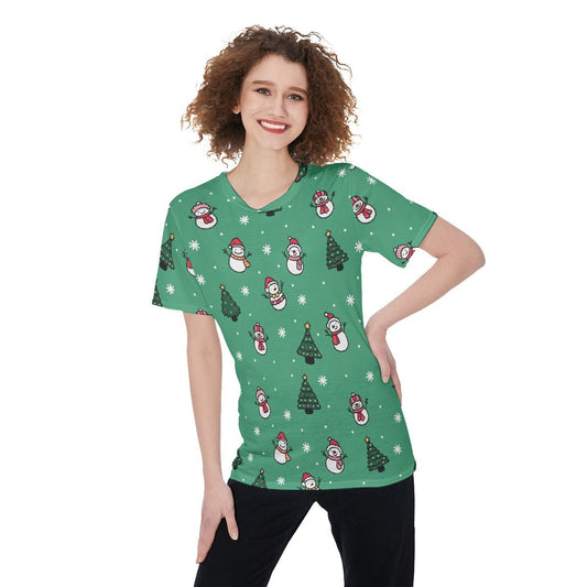 Women's Short Sleeve Christmas Tee - Green Snowman - Festive Style