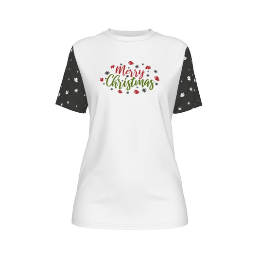 Women's Short Sleeve Christmas Tee - Merry Christmas - Black Sleeves - Festive Style
