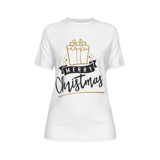 Women's Short Sleeve Christmas Tee - Merry Christmas - Gold Present - Festive Style