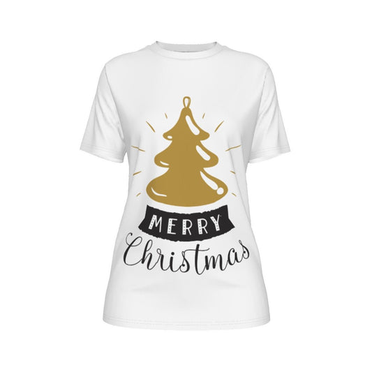 Women's Short Sleeve Christmas Tee - Merry Christmas - Gold Tree - Festive Style