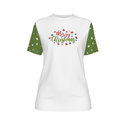 Women's Short Sleeve Christmas Tee - Merry Christmas - Green Sleeves - Festive Style