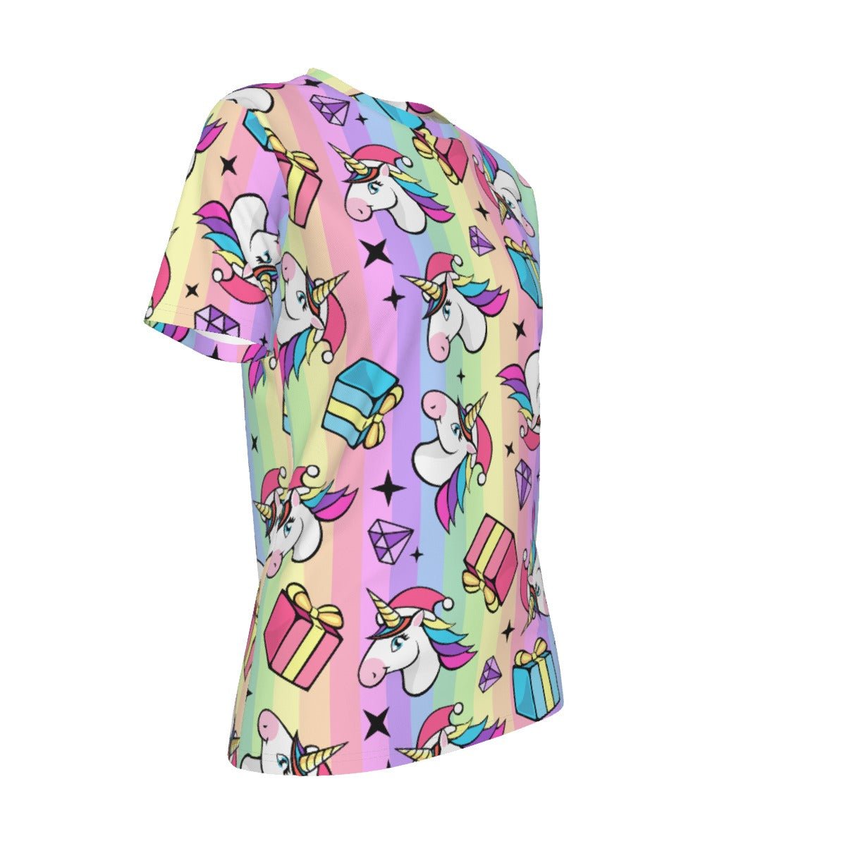 Women's Short Sleeve Christmas Tee - Rainbow Unicorns - Festive Style