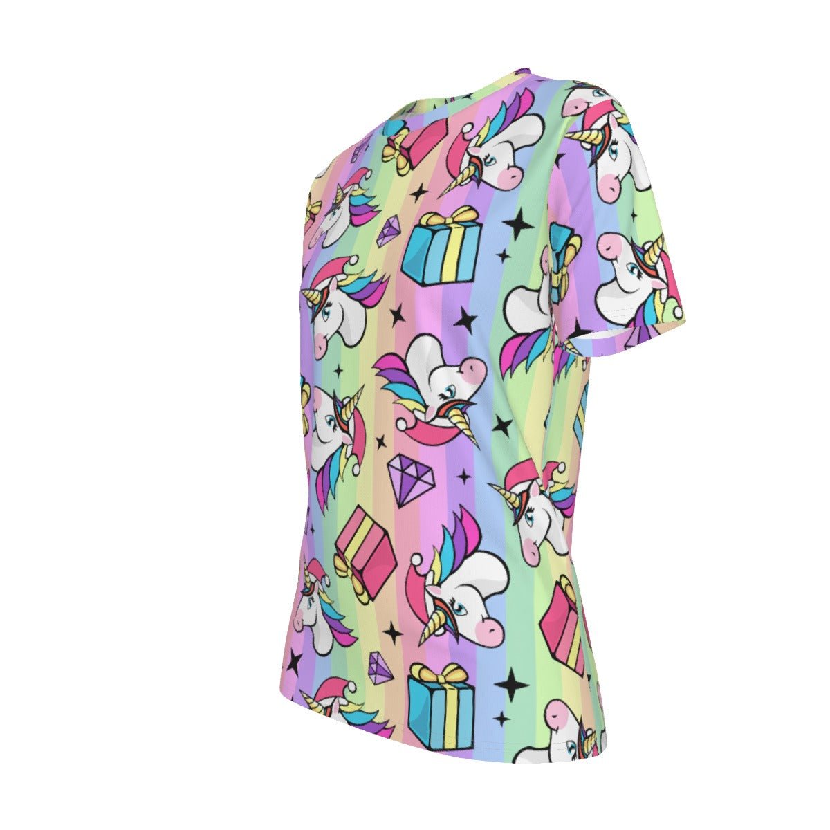 Women's Short Sleeve Christmas Tee - Rainbow Unicorns - Festive Style