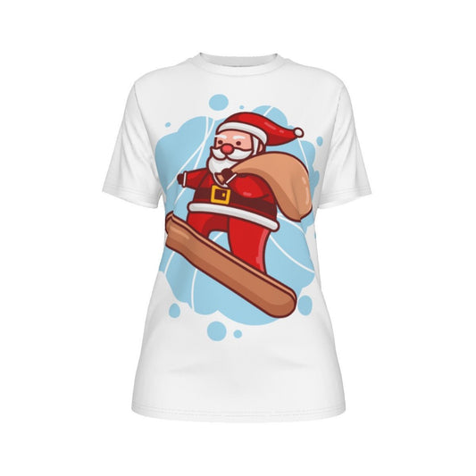 Women's Short Sleeve Christmas Tee - Santa Snowboarder - Festive Style