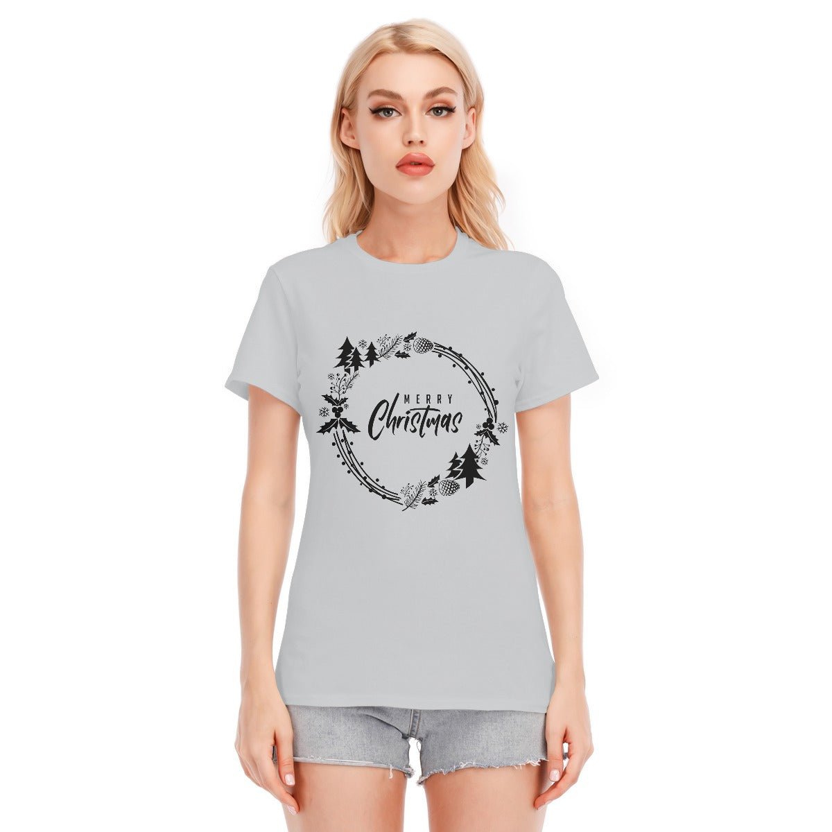 Women's Short Sleeve Christmas Tee - Simple Wreath - Black - Festive Style