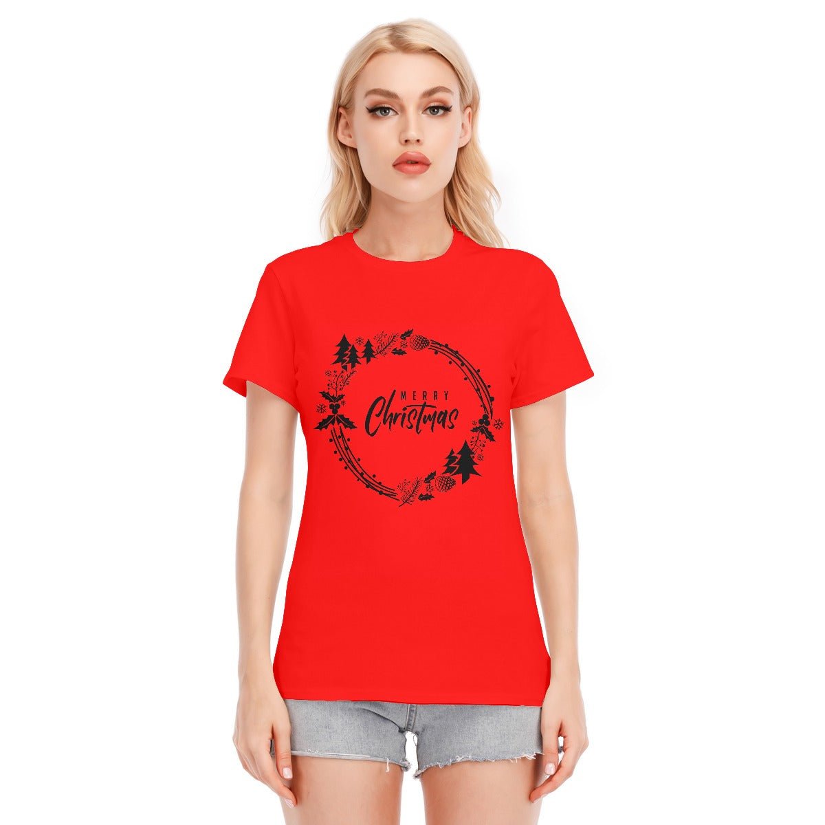 Women's Short Sleeve Christmas Tee - Simple Wreath - Black - Festive Style