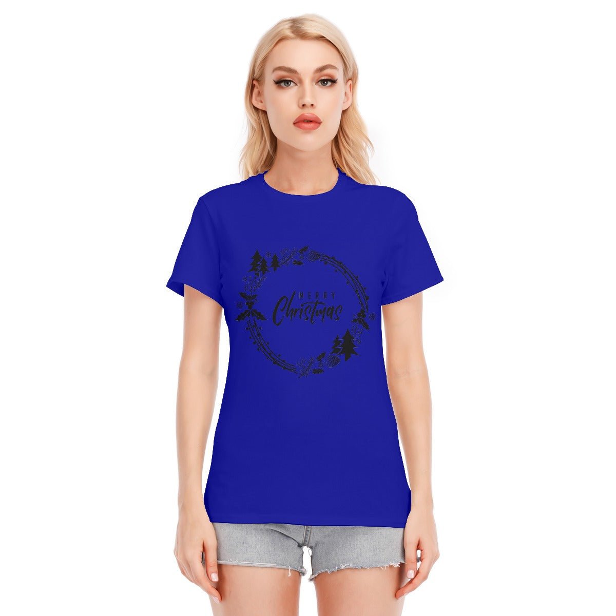 Women's Short Sleeve Christmas Tee - Simple Wreath - Black - Festive Style