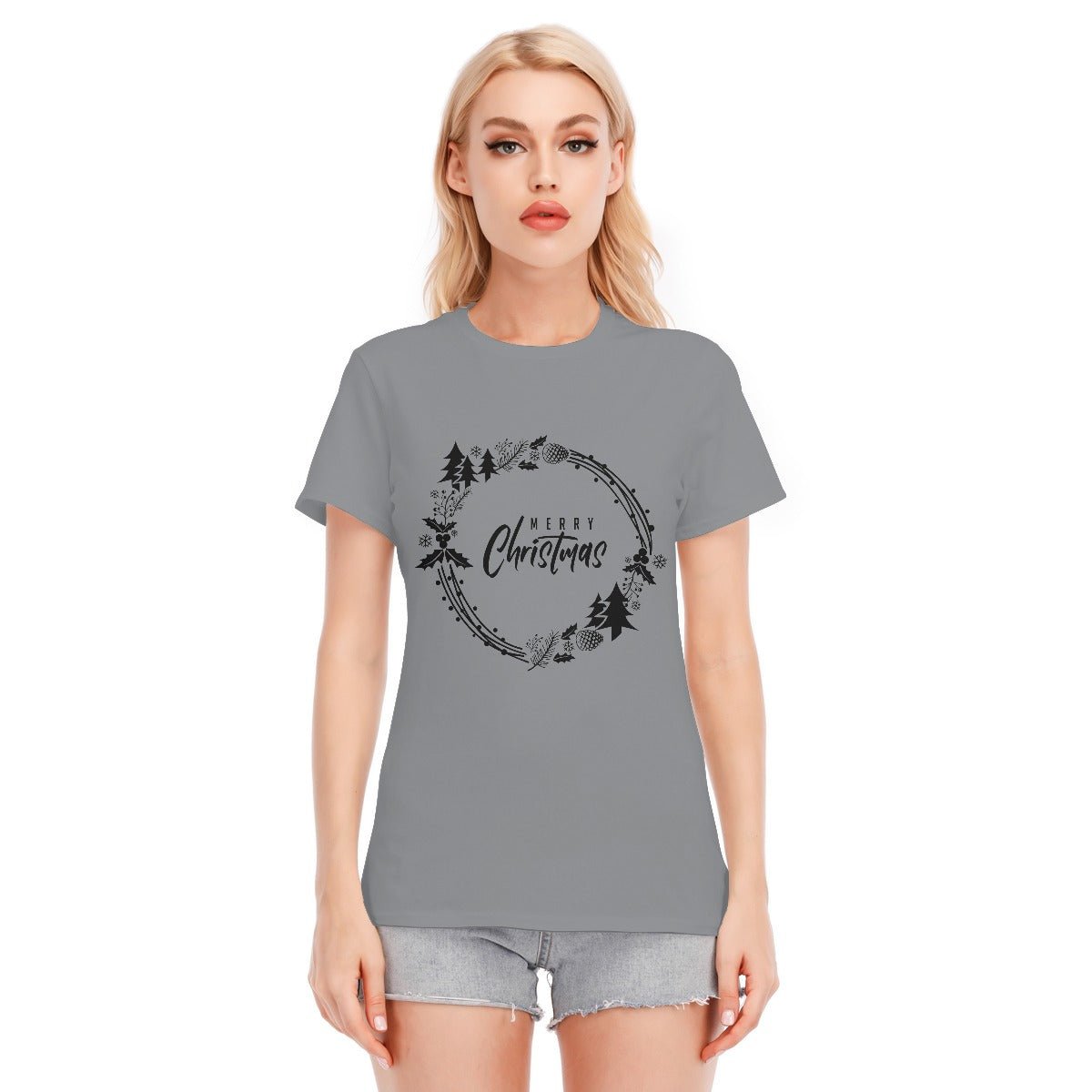 Women's Short Sleeve Christmas Tee - Simple Wreath - Black - Festive Style