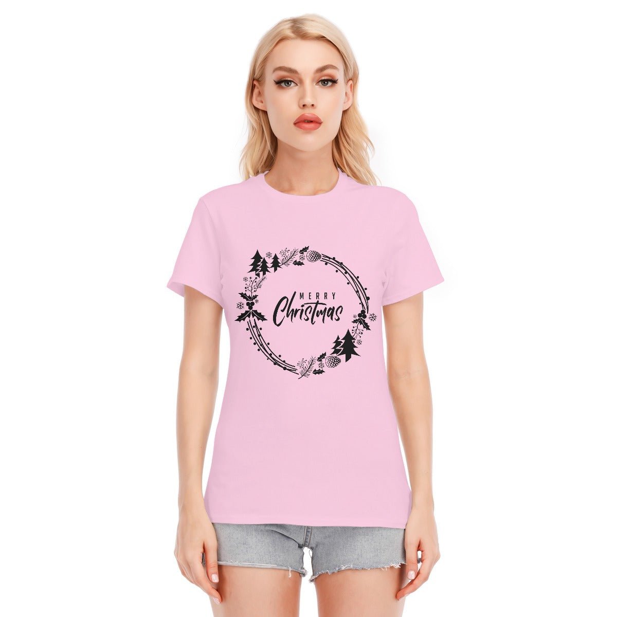 Women's Short Sleeve Christmas Tee - Simple Wreath - Black - Festive Style