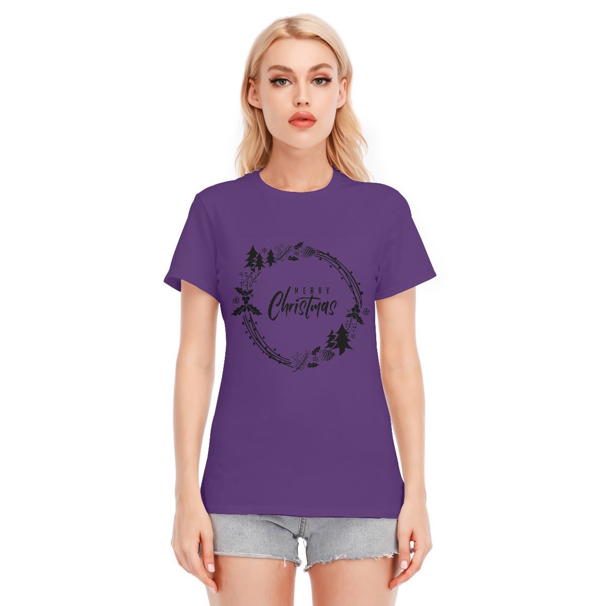 Women's Short Sleeve Christmas Tee - Simple Wreath - Black - Festive Style