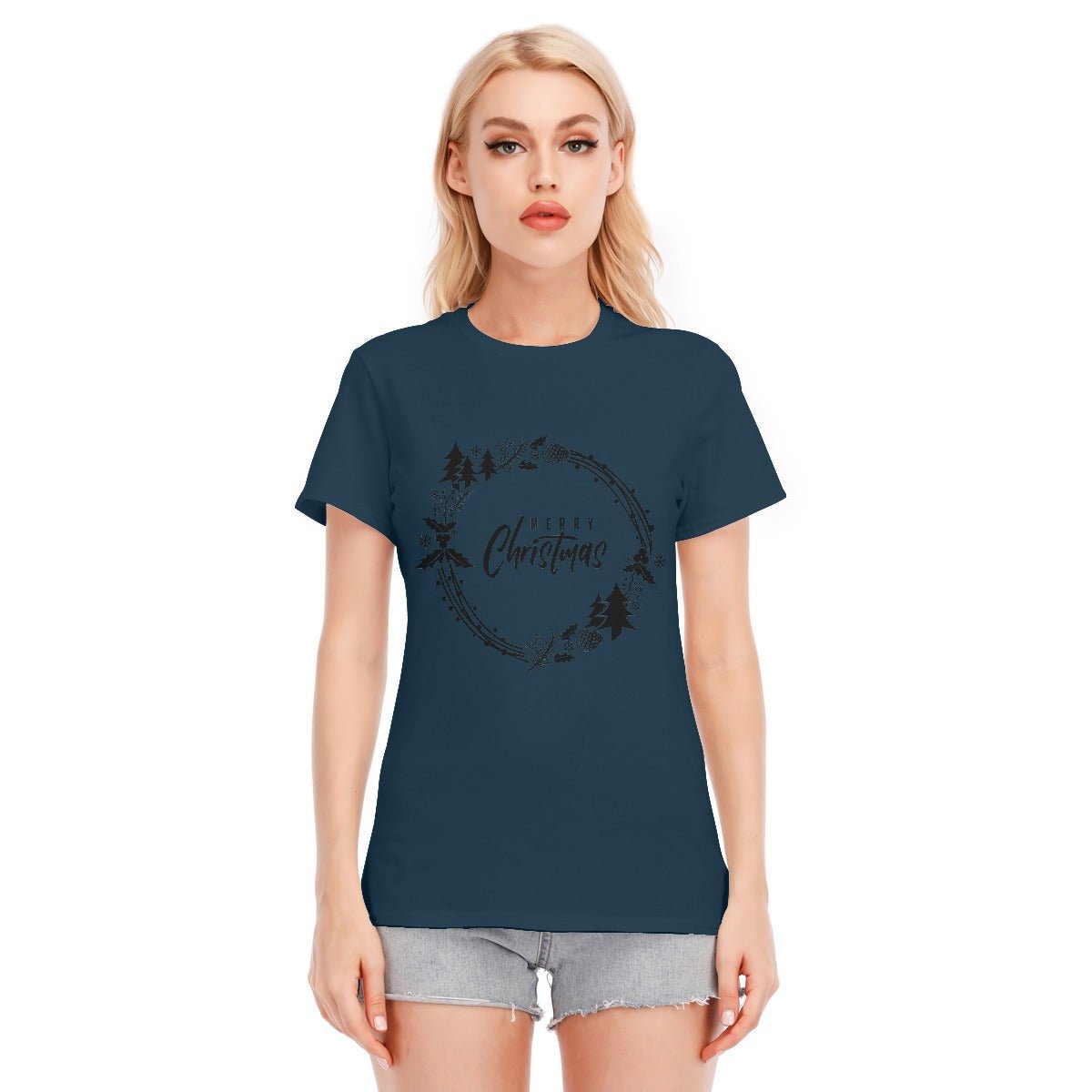 Women's Short Sleeve Christmas Tee - Simple Wreath - Black - Festive Style